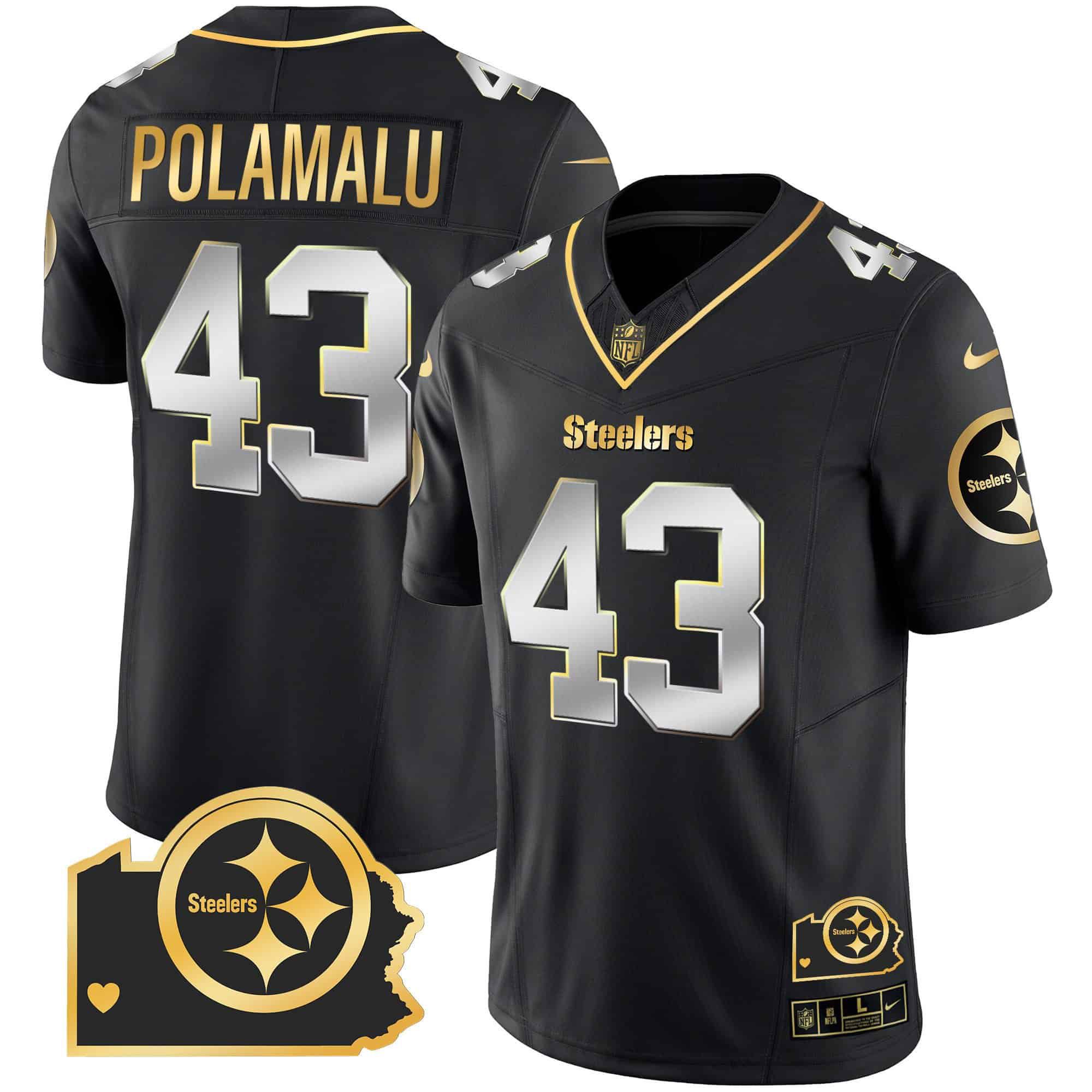 Men Pittsburgh Steelers #43 Polamalu Black Gold 2024 Nike Home Patch Vapor Limited NFL Jersey style 1